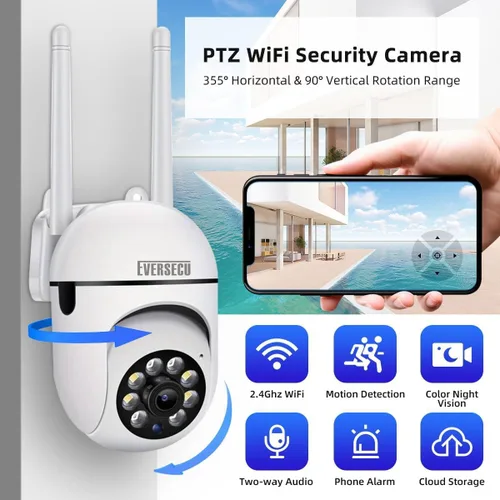 Miniatura 6 de EVERSECU Cámara de seguridad PTZ WiFi para exteriores 1080P, WiFi 5G, seguimiento automático, audio de 2 vías, visión nocturna Spotlight, compatible