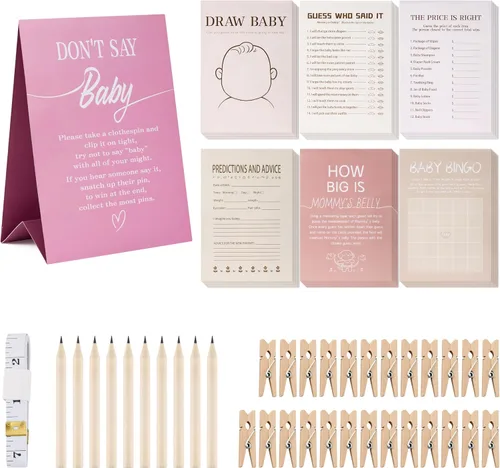 Miniatura 10 de Juego de 150 tarjetas de juegos de baby shower, 6 juegos divertidos que incluyen bingo, Don't Say Baby, Price is Right y más, perfecto para hasta 25