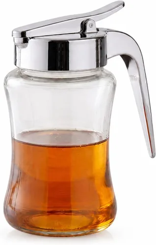 J&M Design Botella dispensadora de jarabe de vidrio para jarabe de arce, tarro dispensador de azúcar con asa para panqueques, café, cuenco de