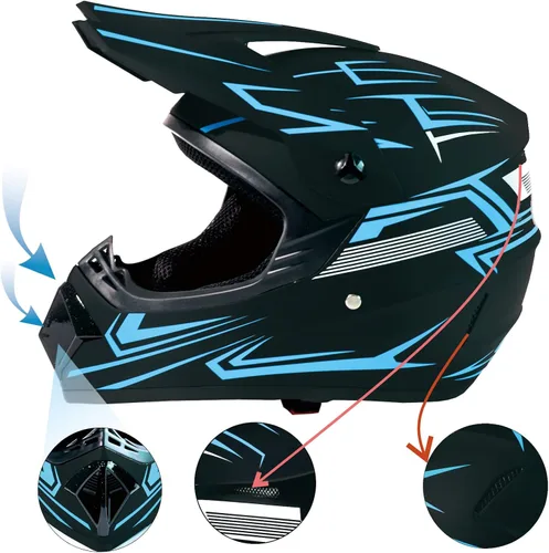 Miniatura 4 de Casco de motocross ATV motocicleta de cara completa todoterreno E Bike casco DOT con gafas y guantes máscara de rayas azules M (22.0-22.4 in)