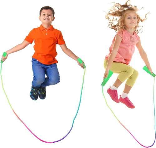 Miniatura 6 de Elcoho Paquete de 10 cuerdas de saltar de arco iris para niños, cuerdas de saltar vibrantes para niños, diversión al aire libre, recuerdos