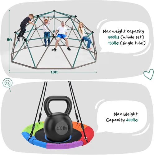 Miniatura 5 de Hapfan Juego de Columpio de Cúpula de Escalada de 10 pies con Columpio de Platillo, Gimnasio de la Selva para Niños al Aire Libre en el Patio