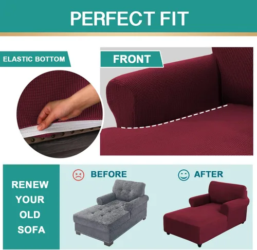 Miniatura 4 de Funda ajustada para sofá chaise lounge - Funda elástica para chaise de doble brazo con protector (Rojo vino, cuadros pequeños)