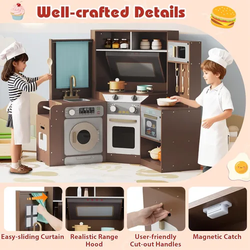 Miniatura 3 de Cocina esquinera de madera con luces y sonido, electrodomésticos completos y accesorios completos, juego de cocina para salas