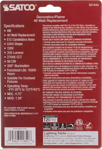 Miniatura 2 de Satco S21840 - Bombilla LED CA10 de 4 W, transparente, base de candelabro, 2700K, 350 lúmenes, 120 voltios, paquete de 2