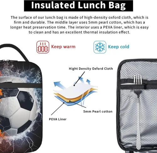 Miniatura 4 de Fiambrera deportiva con pelota de fútbol para niños, adultos, niñas, niños, bolsa de almuerzo refrigerante, reutilizable, aislada, bolsa
