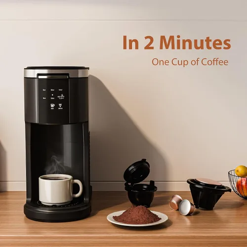 Miniatura 2 de WAA Cafetera de una sola porción, cafetera 2 en 1 para cápsulas y café molido, tamaño de preparación de 6 a 14 onzas, depósito extraíble de 40