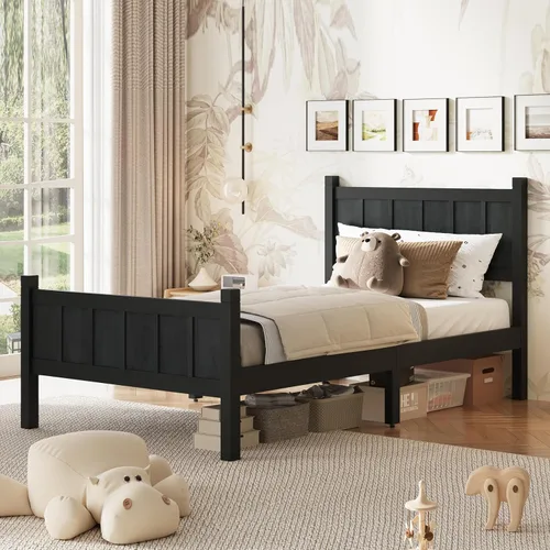 Miniatura 7 de Bellemave Cama de panel plano de tamaño individual con cabecero y estribo, cama de plataforma minimalista y moderna con acabado de grano de madera