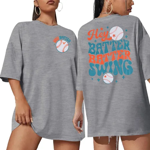 Miniatura 13 de Camiseta de béisbol para mujer, camisetas de béisbol de gran tamaño Hey Batter Batter Swing Graphic Tee Ballpark Gift Tops de manga corta