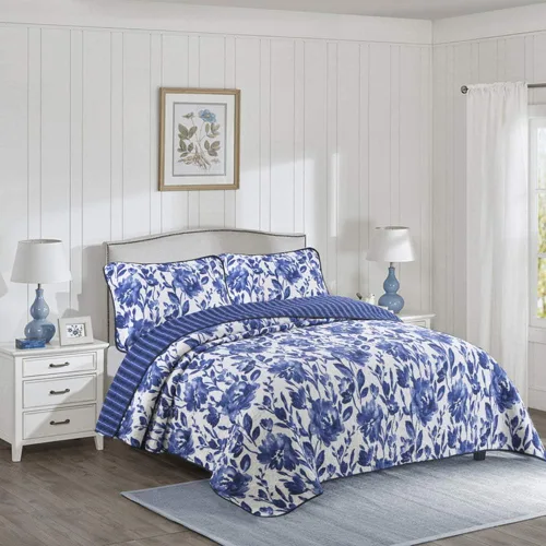 Miniatura 2 de Juego de colcha de algodón de porcelana azul y blanco tamaño Queen de 3 piezas, juego de ropa de cama floral estilo chino