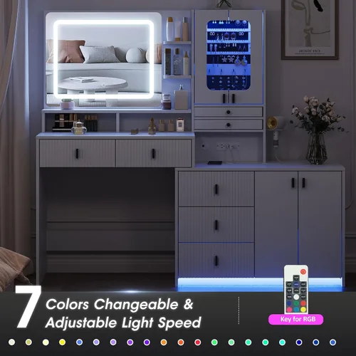Miniatura 6 de Vabches Escritorio grande de tocador de 59 pulgadas con espejo y luces, mesa de tocador de maquillaje blanca con gabinete de joyería y 7 cajones