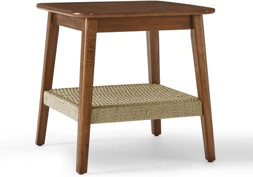 Miniatura 7 de Mesa auxiliar moderna de 2 niveles con estante tejido, mesa auxiliar pequeña bohemia para sala de estar, sofá, patio, oficina en casa, mesa Nogal_2