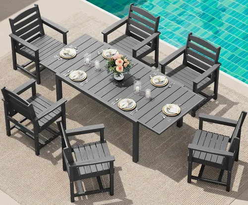 Miniatura 39 de SERWALL Juego de comedor para exteriores de 9 piezas, mesa de comedor expandible de 60 a 83 pulgadas y 8 sillas de polietileno de alta densidad