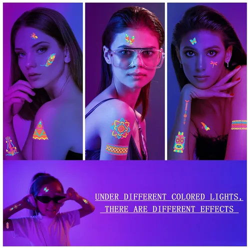 Miniatura 3 de 201 tatuajes que brillan en la oscuridad para suministros de fiesta, tatuajes temporales que brillan bajo luz negra UV neón para niños, adolescentes