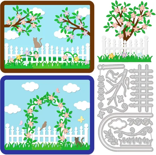 GLOBLELAND Juego de troqueles de vallas de jardín para árboles y plantas, plantilla de estampado de flores de acero al carbono para hacer tarjetas y