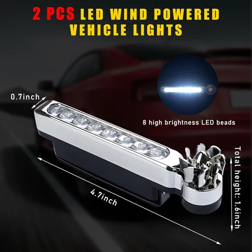 Miniatura 2 de Dickno 2 piezas de luces para vehículos con energía eólica, 8 LED impermeables para automóvil, luz diurna con energía eólica, luces LED diurnas
