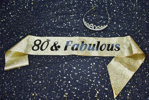 Miniatura 3 de Tiara y banda de cumpleaños número 80, suministros para fiesta de cumpleaños número 80, banda de satén con purpurina dorada y tiara de cristal