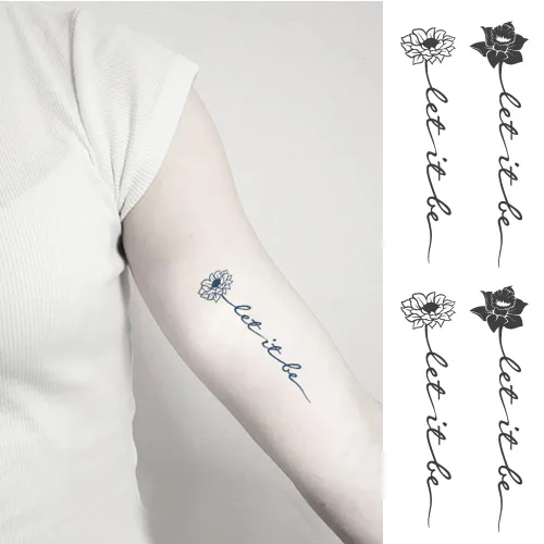 Tatuaje temporal semipermanente para adultos, 2 hojas de palabras de flores, citas Let It Be pequeño, pequeño cuello de mano, calcomanías falsas