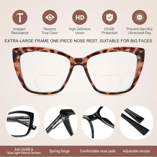 Miniatura 6 de Gafas de lectura bifocales para mujer, ojo de gato, de gran tamaño, bloqueo de luz azul, para lectores de computadora, gafas de diseñador Bifocales