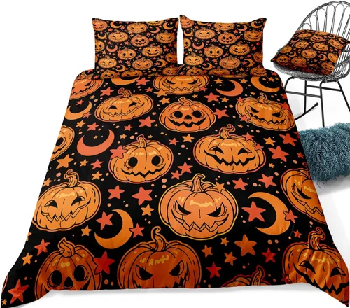 Miniatura 7 de Juego de funda de edredón de calabaza para Halloween, divertido diseño de calabaza malvada, color negro, juego de ropa de cama Tiwn 1 funda