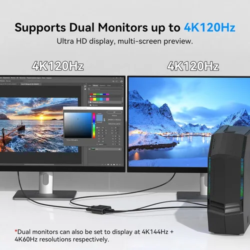 Miniatura 5 de Adaptador DisplayPort a Dual DisplayPort Dual 4K120Hz o 4K144Hz+4K60Hz Modo Extend/Copia/SST/MST a 2 DP Adaptador de puerto de pantalla para 2
