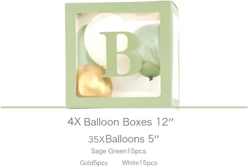 Miniatura 2 de luckylibra Decoraciones de baby shower verde salvia, cajas de globos transparentes B - A - B - Y y 35 globos