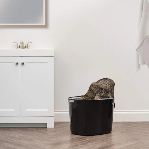 Miniatura 7 de IRIS USA Caja de arena para gatos, entrada grande en la parte superior con tapa para atrapar arena y cuchara, a prueba de perros, recinto para caja