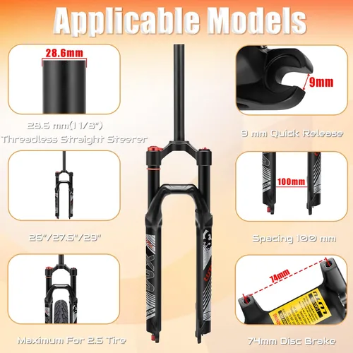 Miniatura 2 de Horquilla de suspensión BUCKLOS para bicicleta de montaña de 26/27.5/29, tubo recto de ajuste de rebote de 1.126 in QR 0.354 in de viaje, bloqueo
