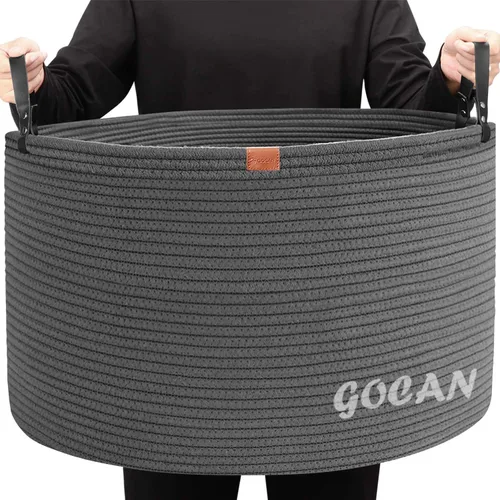Miniatura 15 de GOCAN Cesta de almacenamiento extragrande para lavandería, 22 x 22 x 14 pulgadas, cesta tejida de cuerda de algodón para manta con asas para sala