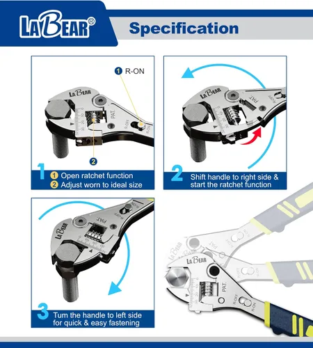 Miniatura 4 de LABEAR - Llave de trinquete ajustable de 8 pulgadas, llave ajustable de acero CR-V de 1 pulgada/0.984 in de ancho con selector de trinquete