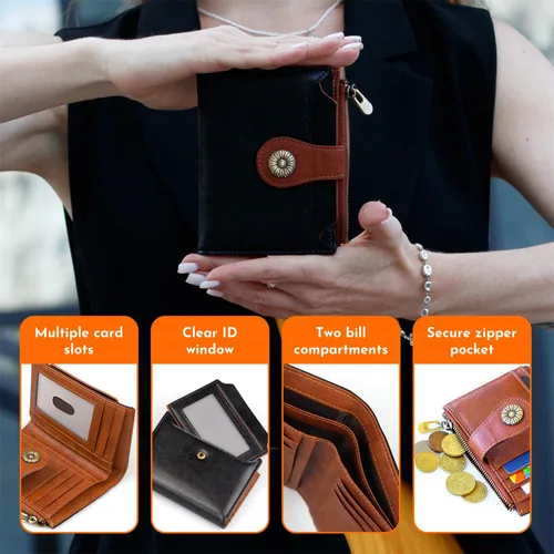 Miniatura 2 de Cartera pequeña para mujer, con bloqueo RFID, de piel suave, plegable, compacta, tarjetero para mujer, con bolsillo con cremallera, color negro