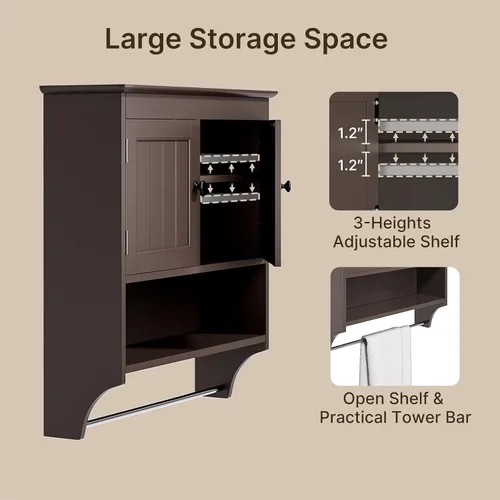 Miniatura 9 de Bealife - Gabinete de baño montado en la pared con barra para toallas y estantes ajustables, gabinete de almacenamiento sobre el inodoro, gabinete