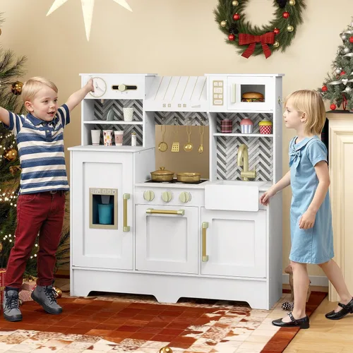 Miniatura 9 de Costzon Juego de cocina para niños, juego de cocina para niños pequeños con estufas, grifo, fregadero, máquina de café, campana extractora, horno