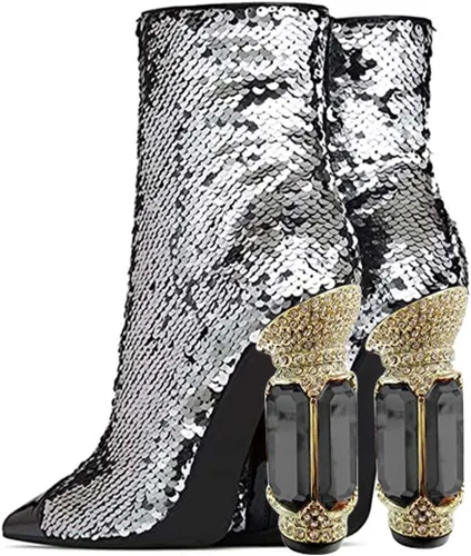 Miniatura 114 de FSJ Botas de tacón alto con punta puntiaguda para mujer, con tacón alto, con cremallera lateral brillante, estilo casual, para uso diario, zapatos