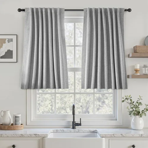 Miniatura 88 de UHITECH Cortinas cortas de lino de 24 pulgadas de largo para ventanas pequeñas de granja, cortinas opacas modernas para sala de estar, pestañas
