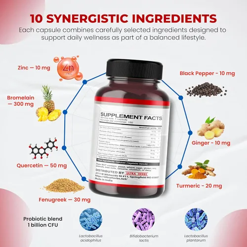 Miniatura 3 de Suplemento de bromelina con quercetina, zinc, fenogreco, cúrcuma, jengibre, pimienta negra y probióticos - Apoya la digestión, la salud