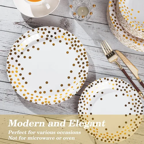 Miniatura 5 de Lullaby 120 piezas de platos de papel blancos, platos de papel dorado desechables, 60 piezas de platos de cena de 9", 60 piezas de platos de postre