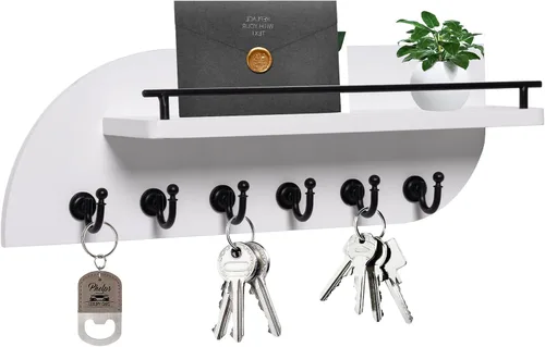 Miniatura 8 de Soporte para llaves de pared, organizador decorativo de llaves y correo con 3 ganchos de metal y 2 estantes, estante de llaves de madera montado