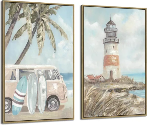 Miniatura 8 de ARTISTIC PATH Arte de Pared en Lienzo de Playa Tropical - 2 Piezas Pintura de Palmeras Imágenes de Paisajes Costeros del Océano Impresiones