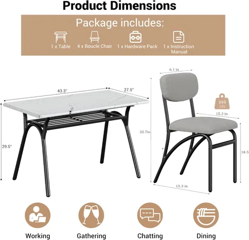 Miniatura 2 de GarveeHome Juego de mesa de comedor de 5 piezas para 4, mesa de cocina moderna con 4 sillas de bouclé, mesa de comedor rectangular con estante