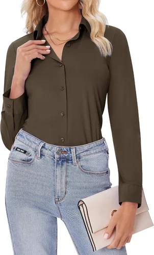 Miniatura 22 de siliteelon Camisas con botones para mujer, ajustadas, de manga larga, elásticas, de vestir, camisas de trabajo, sin arrugas, blusas de oficina