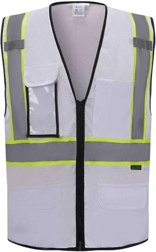 SV2520 - Chaleco de seguridad de malla ultra fresco de lujo, 2 pulgadas reflectante con encuadernación amarilla, cremallera, 9 bolsillos, color