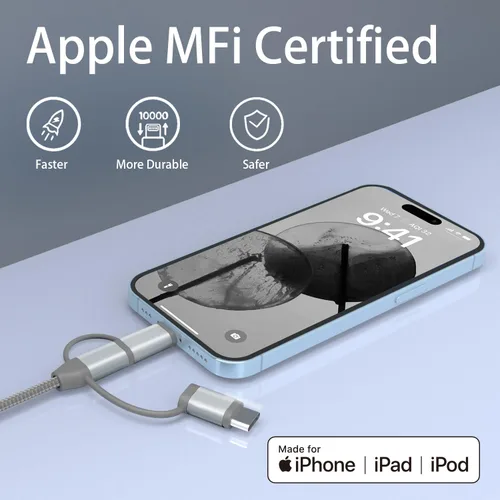 Miniatura 8 de Adaptador de cable de carga 3 en 1, Lightning certificado MFi de Apple, tipo C, cable micro USB, compatible con iPhone 16/15/14, iPad, Huawei, HTC
