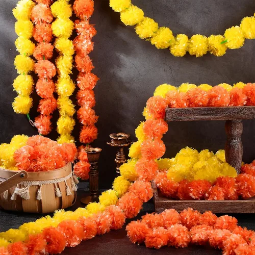 Miniatura 4 de Tigeen 60 guirnaldas de caléndula para decoración de 4 pies, flores artificiales de caléndula para decoración de manto, flores de caléndula india