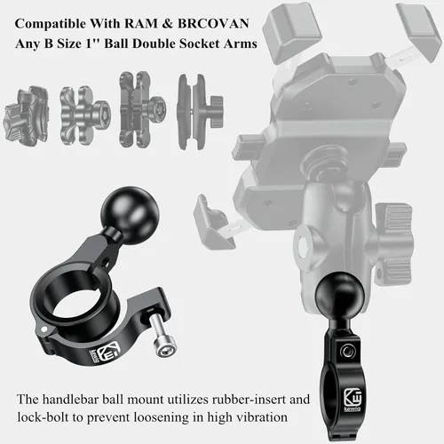 Miniatura 4 de BRCOVAN Base de montaje de manillar de aleación de aluminio con bola de TPU de 1 '' Compatible with RAM Mounts B Size 1 Inch Ball Double Socket