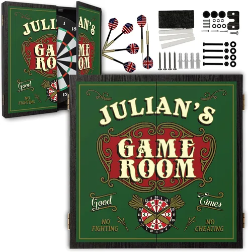Miniatura 26 de Juego de gabinete de tablero de dardos personalizado con 6 dardos de punta de acero, tablero de dardos de papel, tiza y borrador