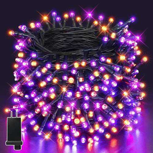 Guhope 200 luces LED de Halloween de 66 pies, luces de Halloween naranjas y moradas para exteriores con 8 modos de iluminación, tira de luces