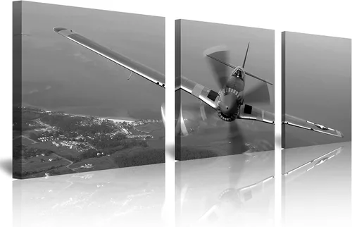 Miniatura 13 de 3 piezas de arte de pared en lienzo en blanco y negro vintage de la Segunda Guerra Mundial, aviones de combate militares, impresiones de fotografía