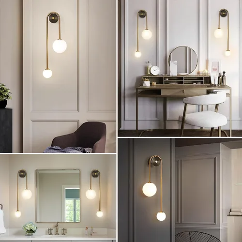 Miniatura 6 de Lámpara de pared moderna de mediados de siglo con forma de globo para interiores, 2 luces, color negro y dorado, con vidrio de leche, lámparas