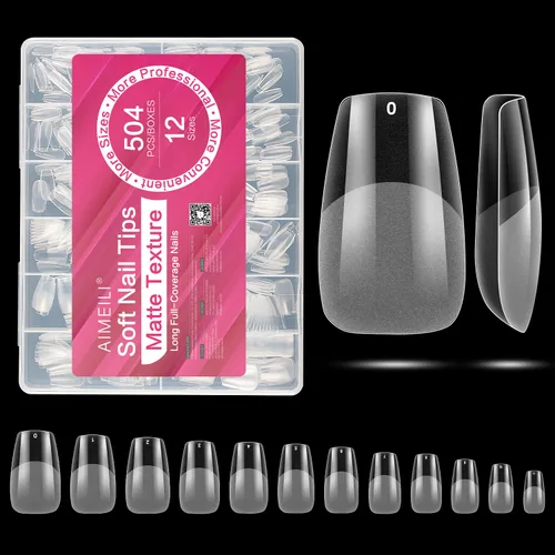 Miniatura 14 de AIMEILI 432 puntas de uñas postizas cortas de almendra, redondas, de cobertura completa, para extensión de uñas de remojo, uñas postizas acrílicas a